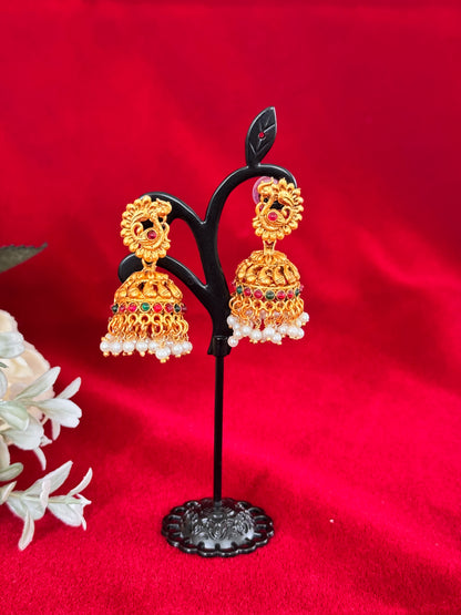 Traditional Antique Gold Jhumka Earrings with Kemp Stones & Pearl Drops | Temple Style South Indian Jhumki | Bridal Festive Ethnic Earrings