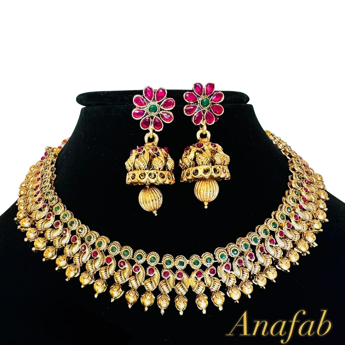 Traditional Lakshmi Temple Necklace Set with Ruby Green Stones & Jhumka Earrings
