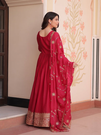 Rani Pink Anarkali Gown with Dupatta, Georgette Embroidered Indian Dress, Zari Sequin Long Gown, Wedding Outfit for Women, festive Outfit