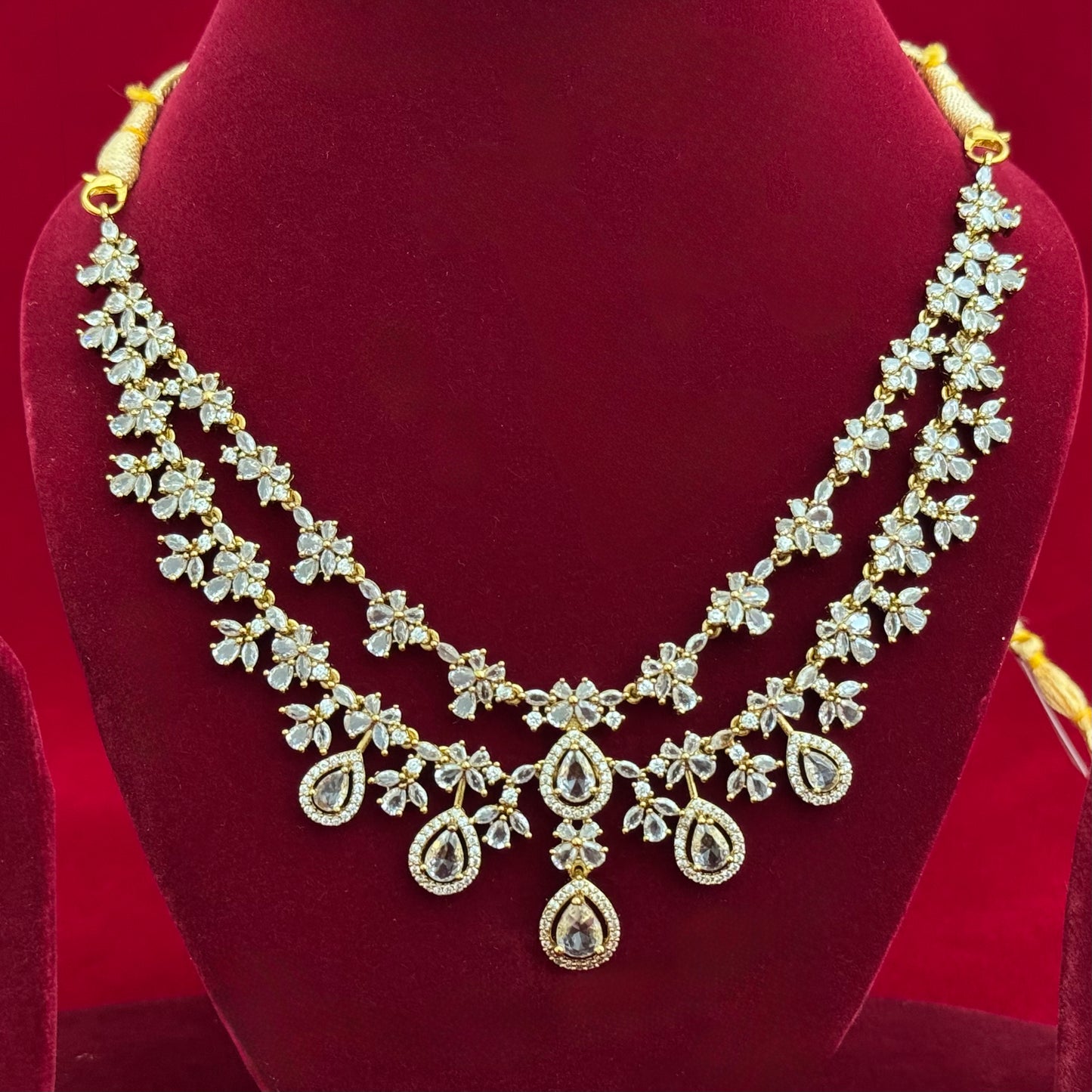 Diamond Look Bridal Necklace Set, Double Layer CZ Floral Necklace with Teardrop Drops, Indian Wedding Jewelry, Party Wear Set