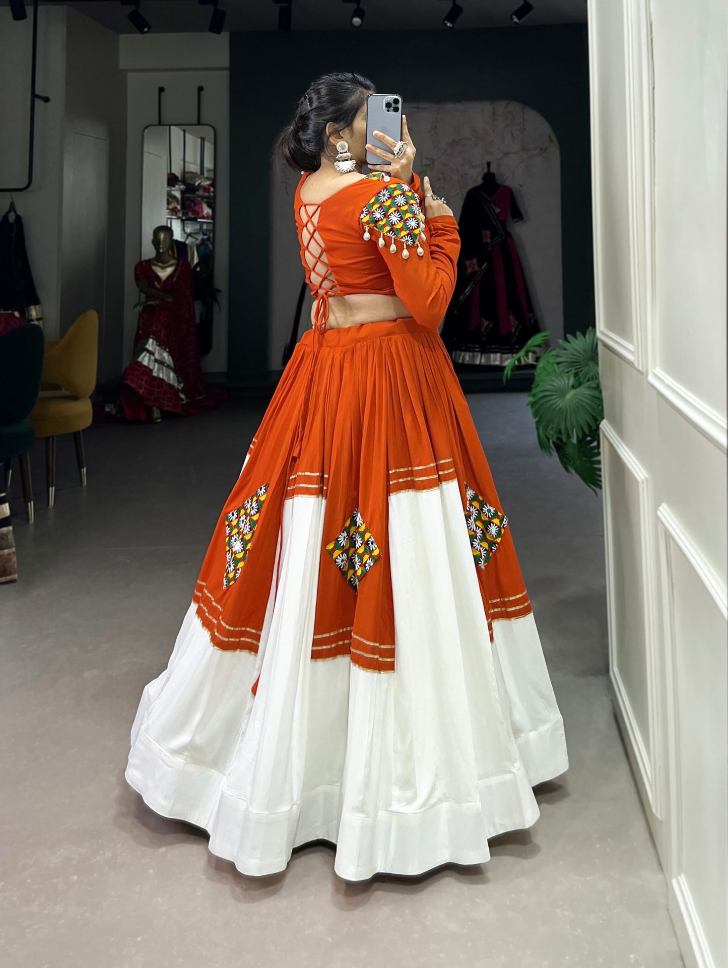 Navratri Lehenga Choli for Women, Orange White Garba Chaniya Choli, Gamthi Patchwork Lehenga, Kutchi Style Dandiya Raas Outfit