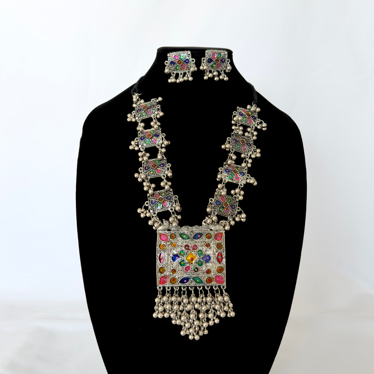 Oxidized Silver Necklace Set with Multicolor Enamel & Ghungroo, Indian Tribal Statement Jewelry, Boho Necklace Earrings Set, Festive Jewelry