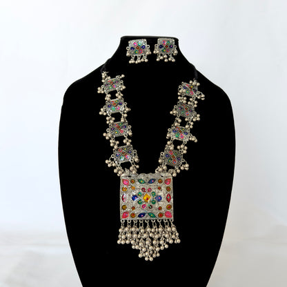 Oxidized Silver Necklace Set with Multicolor Enamel & Ghungroo, Indian Tribal Statement Jewelry, Boho Necklace Earrings Set, Festive Jewelry