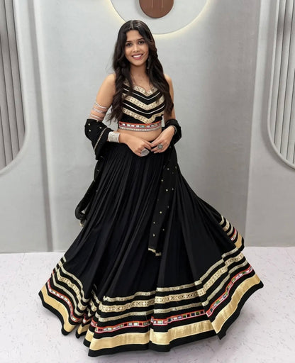 Black Navratri Lehenga Choli, Garba Chaniya Choli with Mirror Work, Cotton Ghagra Choli, Dandiya Outfit, Indian Festival Lehenga with Dupatt
