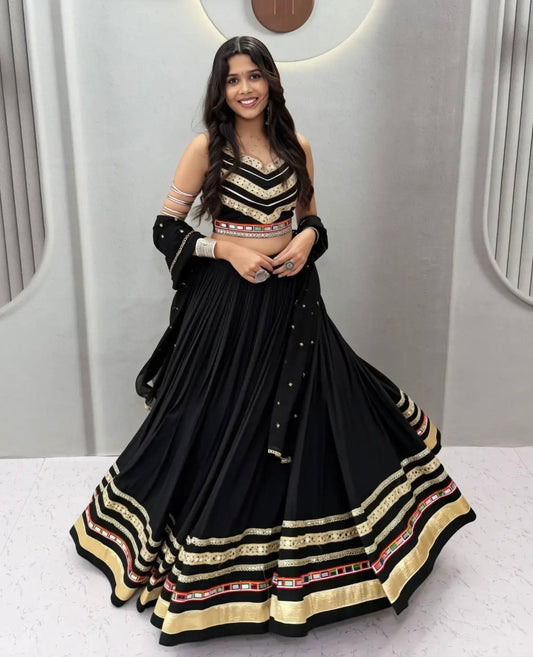 Black Navratri Lehenga Choli, Garba Chaniya Choli with Mirror Work, Cotton Ghagra Choli, Dandiya Outfit, Indian Festival Lehenga with Dupatt