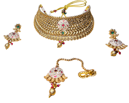 Royal Kundan Meenakari Choker Necklace Set | Gold Plated Bridal Jewelry with Earrings & Maang Tikka | Indian Wedding Necklace Set