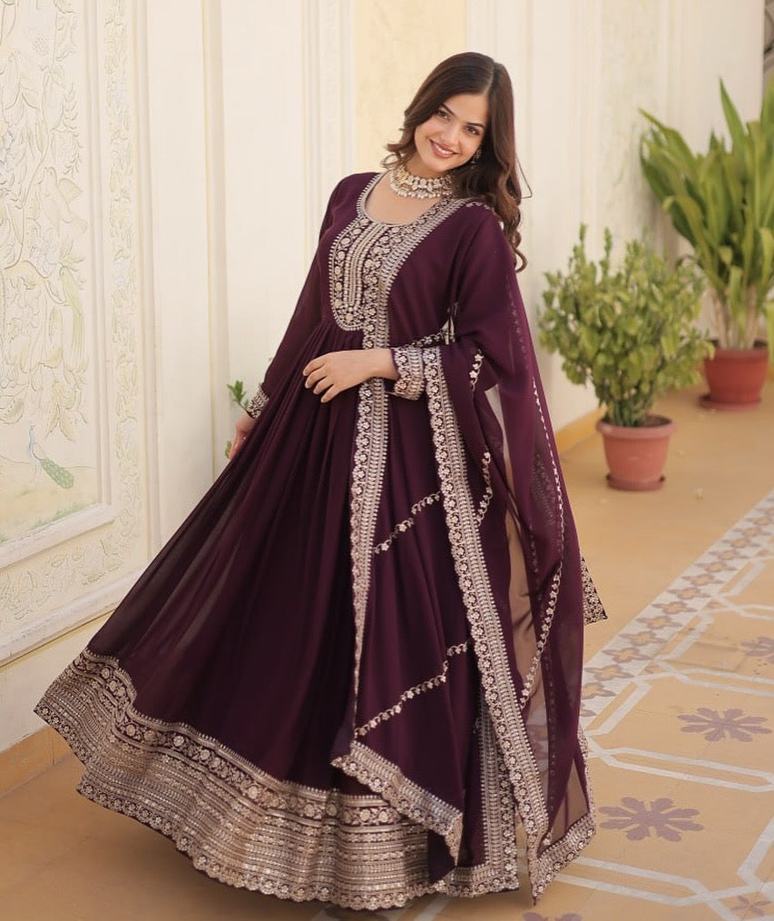 Wine Embroidered Gown with Dupatta | Fully Stitched Anarkali Style Dress | Indian Ethnic Wear for Weddings & Parties