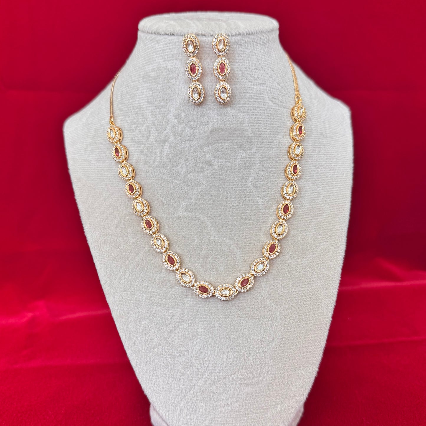 Ruby Oval Necklace Set Gold | Polki Style Long Necklace | Indian Wedding Jewelry Set | Bridal Necklace Earrings | Festive Party Wear Jewelry