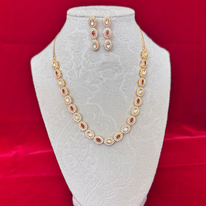 Ruby Oval Necklace Set Gold | Polki Style Long Necklace | Indian Wedding Jewelry Set | Bridal Necklace Earrings | Festive Party Wear Jewelry