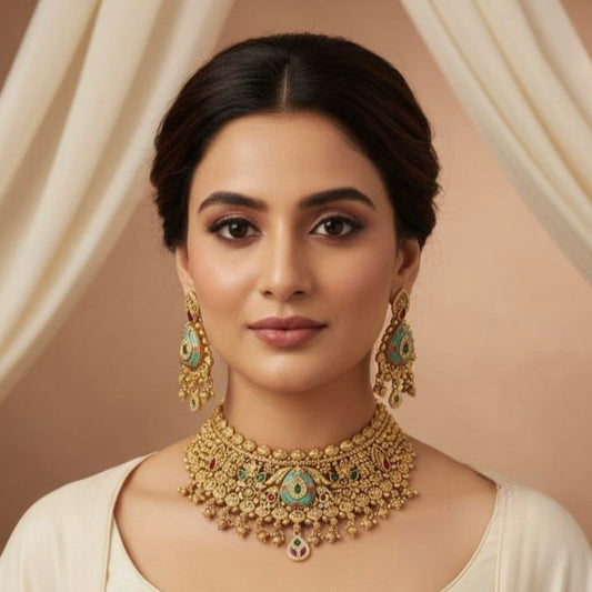 Royal Kundan Meenakari Choker Necklace Set | Antique Gold Bridal Jewelry | Handcrafted Indian Wedding Necklace with Earrings & Maang Tikka