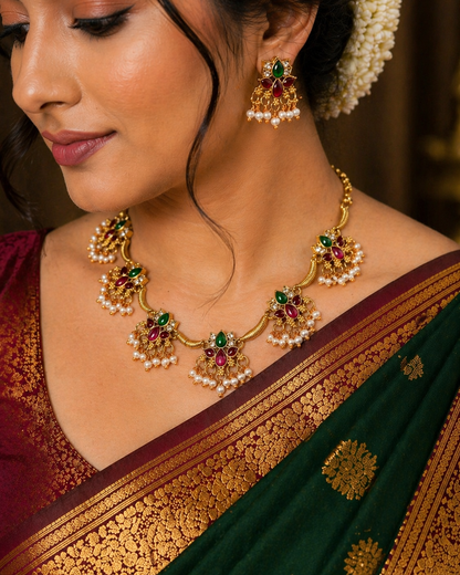 Temple Style Gold Necklace Set with Green & Ruby Stones, Pearl Drop Indian Jewelry, Traditional Bridal Necklace, Festive Wedding Jewelry Set