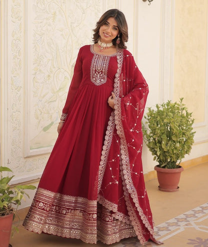 Maroon Embroidered Gown with Dupatta | Fully Stitched Anarkali Style Dress | Indian Ethnic Wear for Weddings & Parties