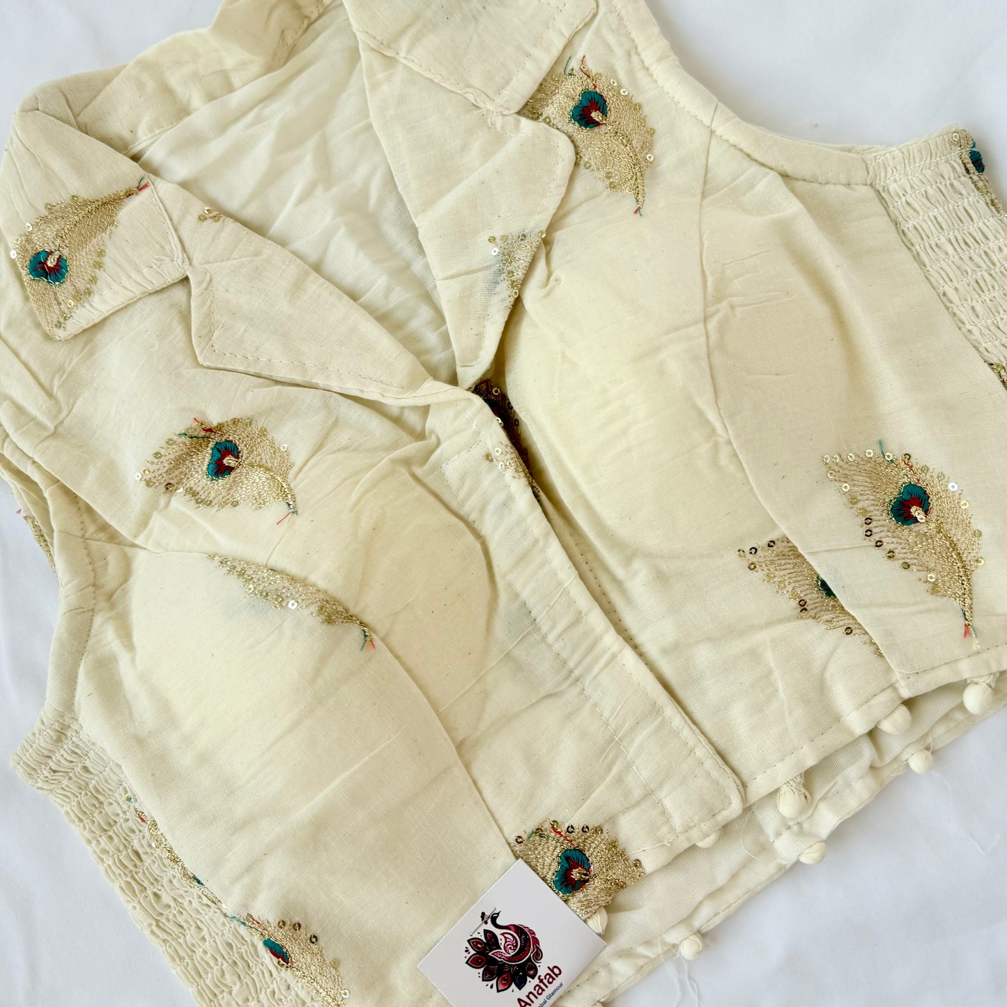 Khadi Cotton Embroidered Blouse, Ivory Peacock Sequin Work Saree Blouse, Stretchable Collar Neck Blouse, Ready to Wear Indian Blouse, Crop t