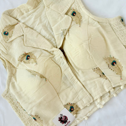 Khadi Cotton Embroidered Blouse, Ivory Peacock Sequin Work Saree Blouse, Stretchable Collar Neck Blouse, Ready to Wear Indian Blouse, Crop t