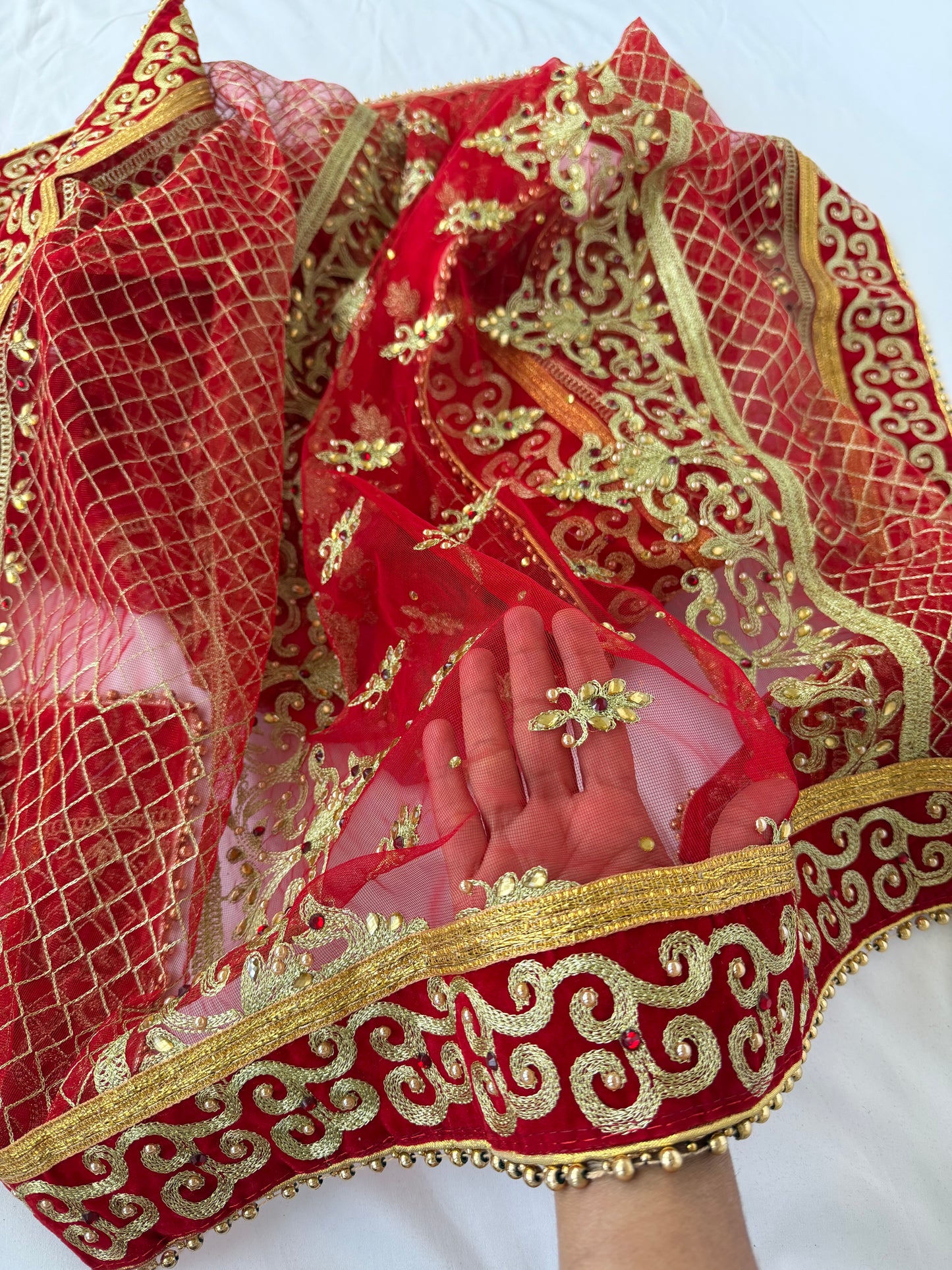 Red Bridal Net Dupatta with Heavy Zari Border | Indian Dulhan Chunni | Wedding Lehenga Dupatta | Embroidered Bridal Veil | Bride Odhani