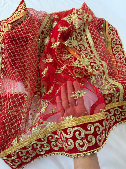 Red Bridal Net Dupatta with Heavy Zari Border | Indian Dulhan Chunni | Wedding Lehenga Dupatta | Embroidered Bridal Veil | Bride Odhani