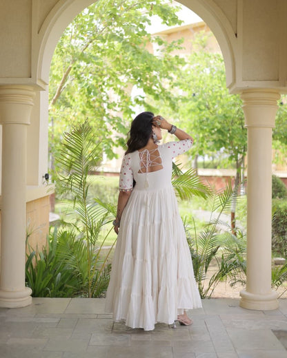 Navratri white Gown for Women, Garba Dandiya Dress, Mirror Work Kora Cotton Gown, Embroidered Indian Festival Dress, 12 Meter Flair