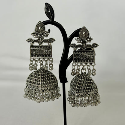 Oxidized Silver Jhumka Earrings, Large Indian Statement Earrings, Floral Tribal Jhumki, Traditional Ethnic Jewelry, Boho Festive, Garba earr