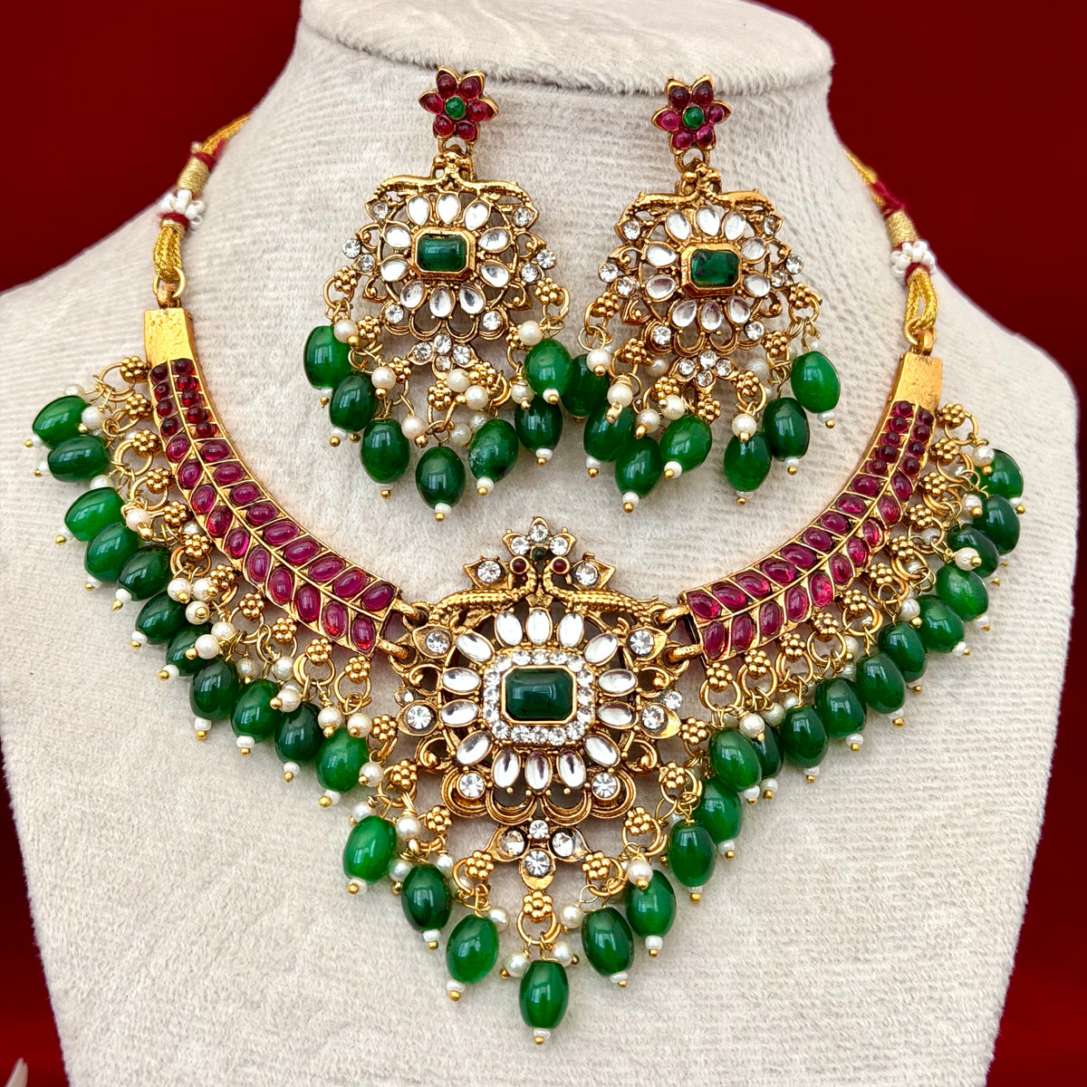 Kemp Stone Choker Necklace Set, Ruby Green Temple Jewelry, Emerald Beads Necklace with Earrings, Indian Bridal Jewelry, Ships from USA