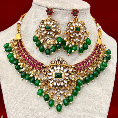 Kemp Stone Choker Necklace Set, Ruby Green Temple Jewelry, Emerald Beads Necklace with Earrings, Indian Bridal Jewelry, Ships from USA