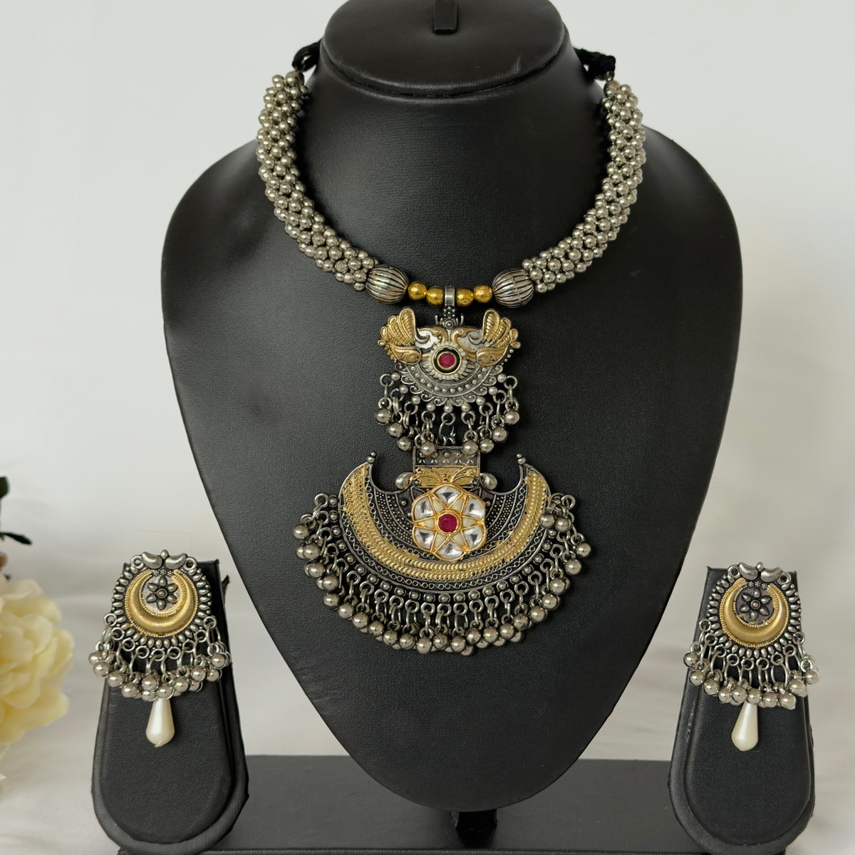 Oxidized Silver Gold Necklace Set, Statement Tribal Jewelry, Dual Tone Indian Necklace, Ghungroo Pendant Earrings, Navratri Garba Jewelry