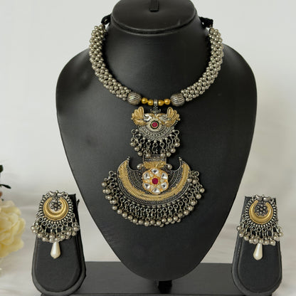 Oxidized Silver Gold Necklace Set, Statement Tribal Jewelry, Dual Tone Indian Necklace, Ghungroo Pendant Earrings, Navratri Garba Jewelry