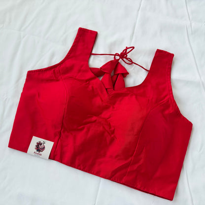 Red Taffeta Saree Blouse, Ready to Wear Sleeveless Indian Blouse, Deep Back Dori Latkan Blouse, Wedding Blouse, Bust 38-42