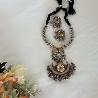 Oxidized Silver Gold Necklace Set, Statement Tribal Jewelry, Dual Tone Indian Necklace, Ghungroo Pendant Earrings, Navratri Garba Jewelry