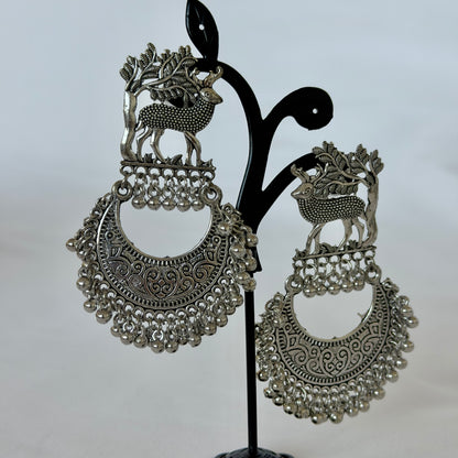 Oxidized Silver Deer Chandbali Earrings, Statement Indian Jhumka Earrings, Tribal Boho Jewelry, Ghungroo Dangle Earrings, Ethnic Wedding Jewelry