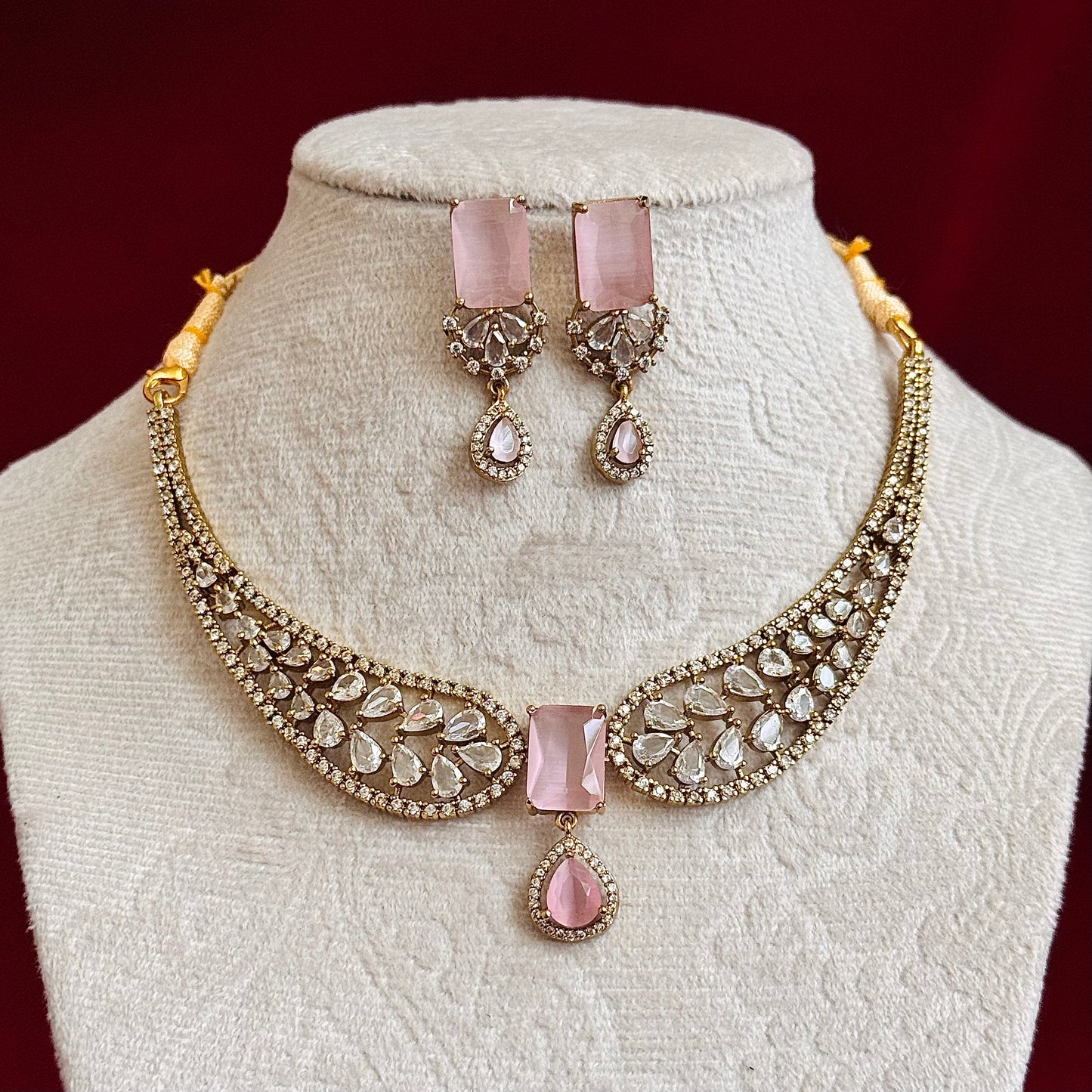 Blush Pink CZ Necklace Set for Women, Indian Wedding Jewelry Set, Gold Tone Statement Necklace, Bridal Party Jewelry, Pink Stone Earrings