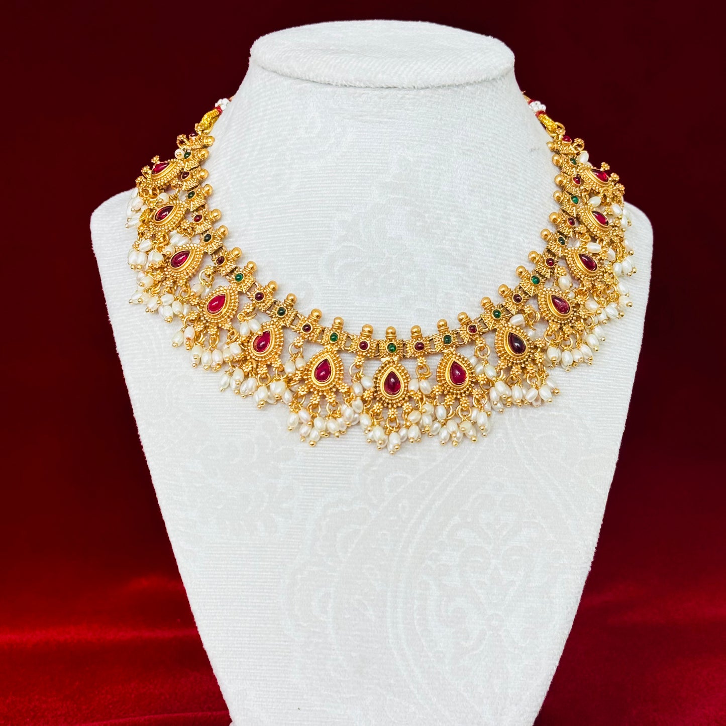 Antique Gold Choker Necklace Set with Ruby Green Stones & Pearl Drops | Temple Jewelry Bridal Choker | South Indian Wedding Necklace