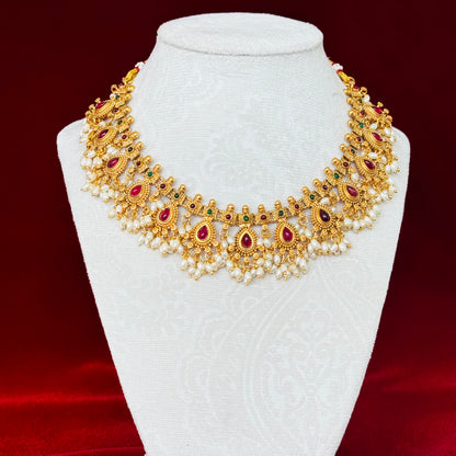 Antique Gold Choker Necklace Set with Ruby Green Stones & Pearl Drops | Temple Jewelry Bridal Choker | South Indian Wedding Necklace