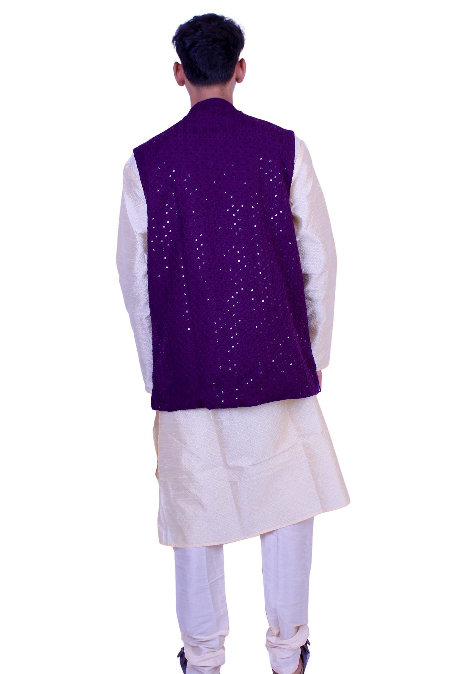 Men’s Cream Kurta Pajama with Purple Sequence Nehru Jacket – Festive & Wedding Wear Set, party wear, engagement Kurta pajama, men’s wear