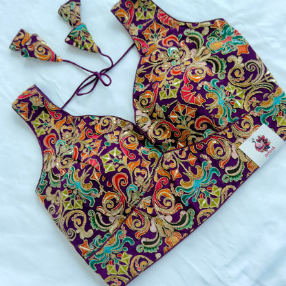 Designer Wine Purple Multicolor Embroidery Blouse, Ready to Wear Saree Blouse, Deep Back Neck Blouse, Wedding Festive Indian Blouse
