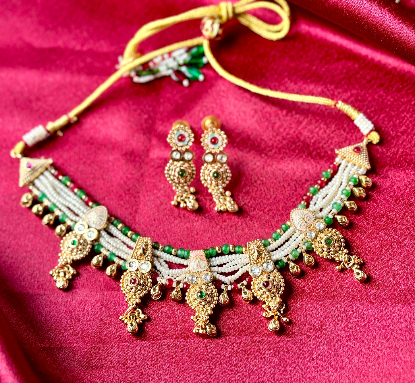Handcrafted Pearl Beads Necklace Set | Green & Maroon Accents | Antique Gold Droplet Design | Festive Ethnic Jewelry with Matching Earrings