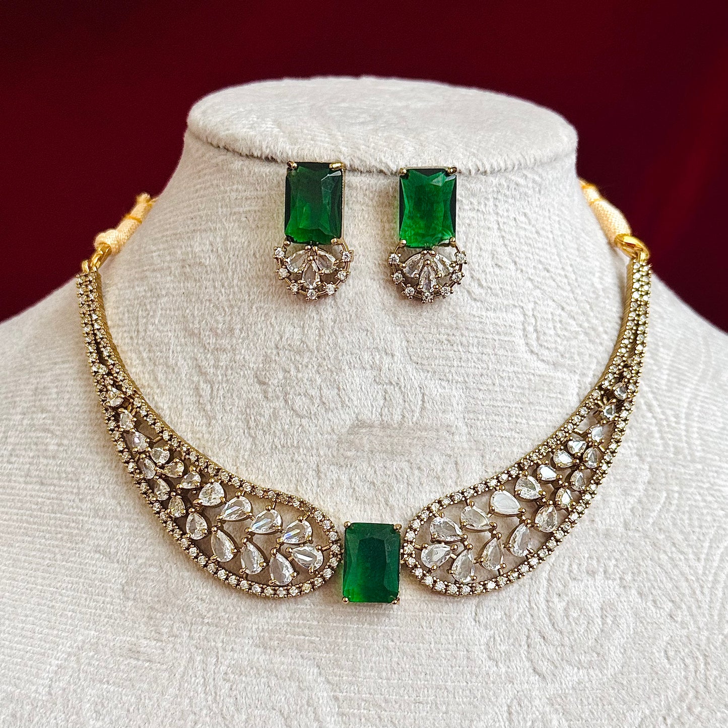 Emerald Green CZ Necklace Set, Indian Bridal Choker Jewelry, Gold Tone Statement Necklace with Earrings, Wedding Party Wear Set for Women