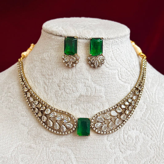 Emerald Green CZ Necklace Set, Indian Bridal Choker Jewelry, Gold Tone Statement Necklace with Earrings, Wedding Party Wear Set for Women