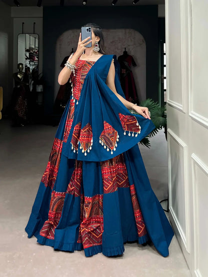 Navratri Lehenga Choli for Women, Blue Garba Chaniya Choli, Pure Cotton Lehenga with Dupatta, Gujarati Dandiya Outfit, Indian Festival Dress