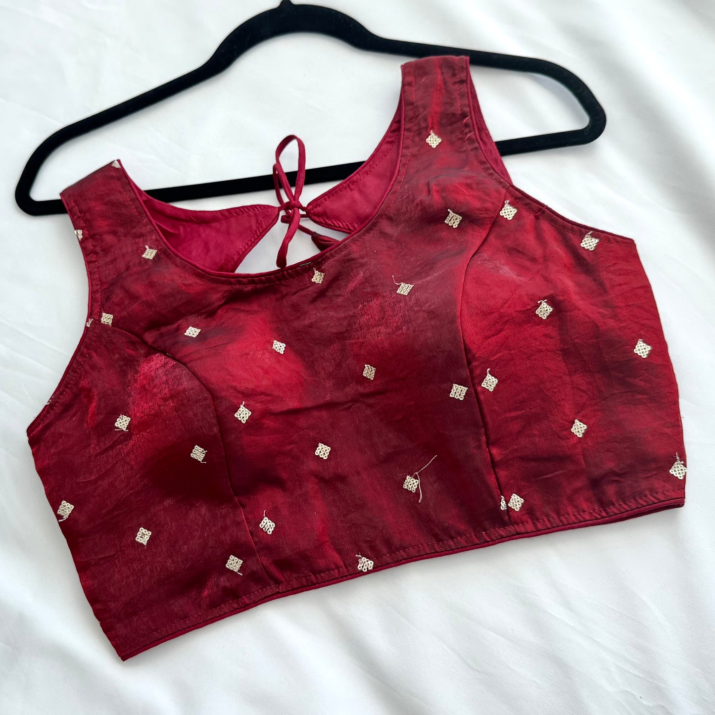 Maroon Fandy Silk Blouse | Sequins Butti Work, Padded Designer Saree Blouse (Ready to Wear)