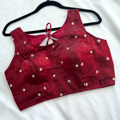 Maroon Fandy Silk Blouse | Sequins Butti Work, Padded Designer Saree Blouse (Ready to Wear)