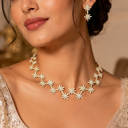 Gold Starburst CZ Necklace Set for Women, Luxury Statement Diamond Look Jewelry, Party Wear Wedding Necklace, Elegant Bridal Jewelry Gift