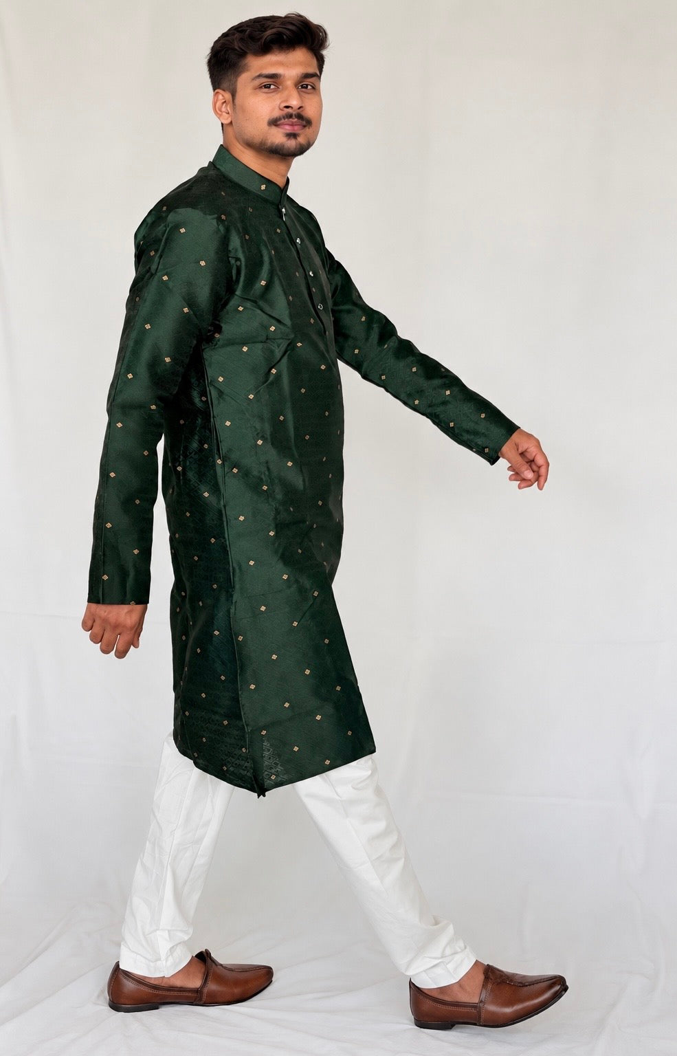 Men’s Bottle Green Jacquard Kurta Pajama Set, Golden Butti Brocade Kurta, Indian Wedding Outfit, Festive Ethnic Wear, Diwali outfit,