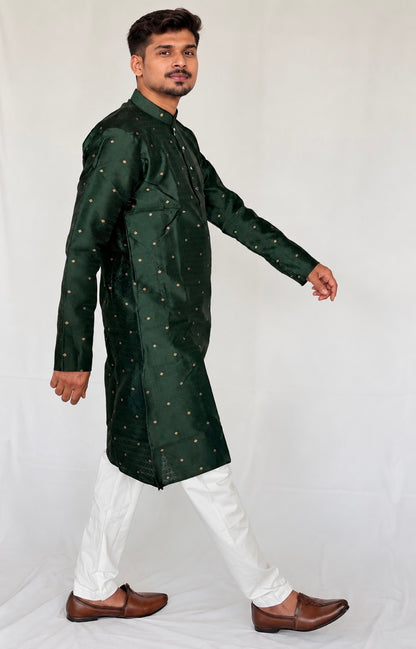 Men’s Bottle Green Jacquard Kurta Pajama Set, Golden Butti Brocade Kurta, Indian Wedding Outfit, Festive Ethnic Wear, Diwali outfit,