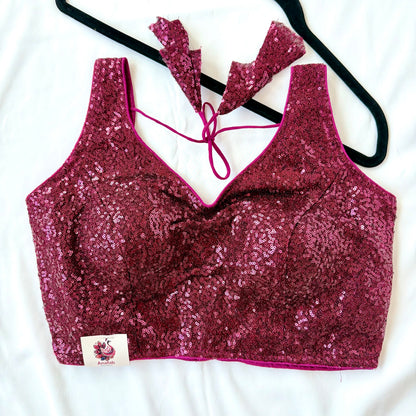 Magenta Pink Sequin Saree Blouse, Readymade Sleeveless Blouse, Padded Party Wear Blouse, Sparkly Indian Blouse, Wedding Blouse