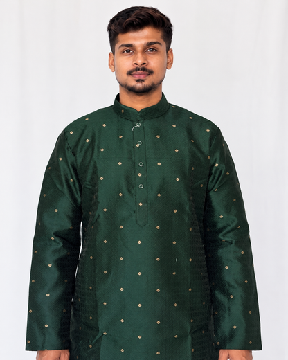 Men’s Bottle Green Jacquard Kurta Pajama Set, Golden Butti Brocade Kurta, Indian Wedding Outfit, Festive Ethnic Wear, Diwali outfit,