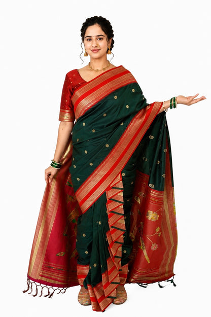 Ready to Wear Shahi Mastani Nauvari Saree | Bottle Green & Red Semi Silk Paithani | Fully Stitched 9 Yard Maharashtrian Saree with Blouse