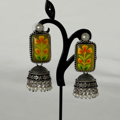 Hand Painted Mustard Green Jhumka Earrings, Oxidized Silver Floral Earrings, Pearl Drop Indian Earrings, Boho Statement Jewelry, Navratri Ea