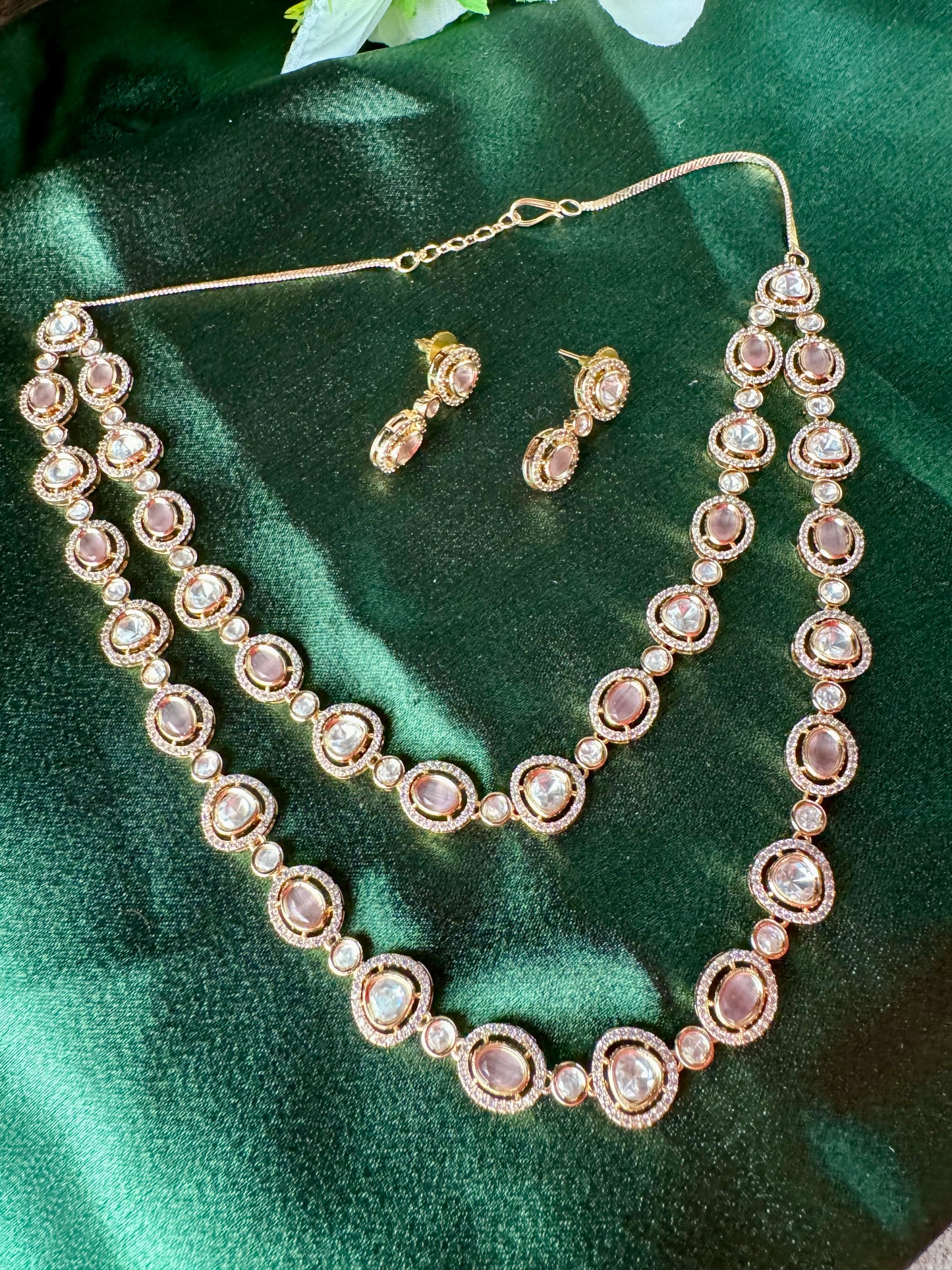 Mauve Stone Layered Necklace Set | Elegant Champagne Gold CZ Jewelry | Long Double Strand Necklace with Earrings | Indian Wedding Jewelry Set