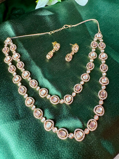 Mauve Stone Layered Necklace Set | Elegant Champagne Gold CZ Jewelry | Long Double Strand Necklace with Earrings | Indian Wedding Jewelry Set