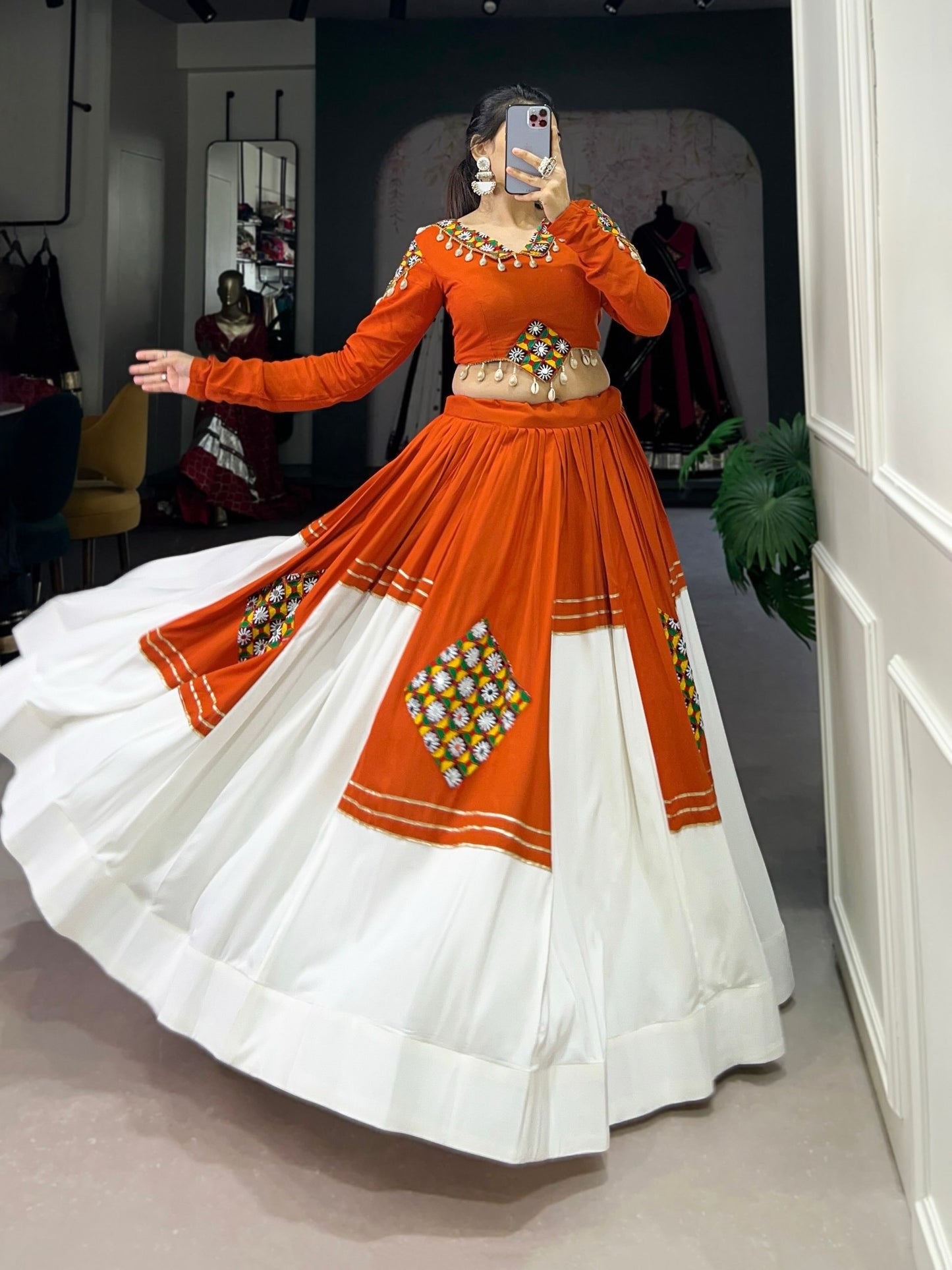Navratri Lehenga Choli for Women, Orange White Garba Chaniya Choli, Gamthi Patchwork Lehenga, Kutchi Style Dandiya Raas Outfit